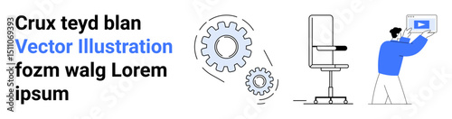 Person adjusting a presentation screen, two interlocking gears, and a modern office chair. Ideal for business workflow, teamwork, productivity, innovation, presentation, planning simple landing page