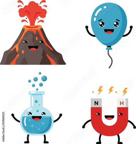 Cute cartoon volcano erupting balloon flask and magnet with happy faces vector illustration