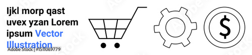 Shopping cart, gear for settings, and dollar coin showcasing key concepts in e-commerce, technology, and finance. Ideal for online shopping, technical support, digital interfaces, budgeting