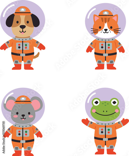 Cute animal astronauts in orange space suits with helmets dog cat mouse and frog vector illustration