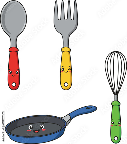 Cute kitchen utensils with smiling faces including spoon fork whisk and frying pan vector illustration
