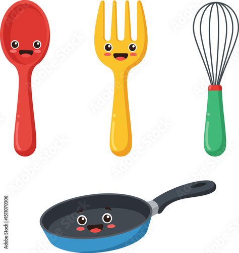 Kitchen utensils set with red spoon yellow fork green whisk and blue frying pan vector illustration