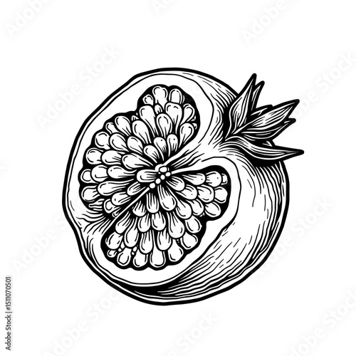 A detailed illustration of a halved pomegranate showcasing its seeds, capturing the fruit's textures and natural beauty.