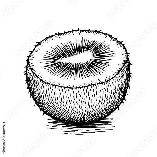An intricate line drawing captures the natural beauty of a sliced kiwi fruit, revealing its textured skin and vibrant interior.