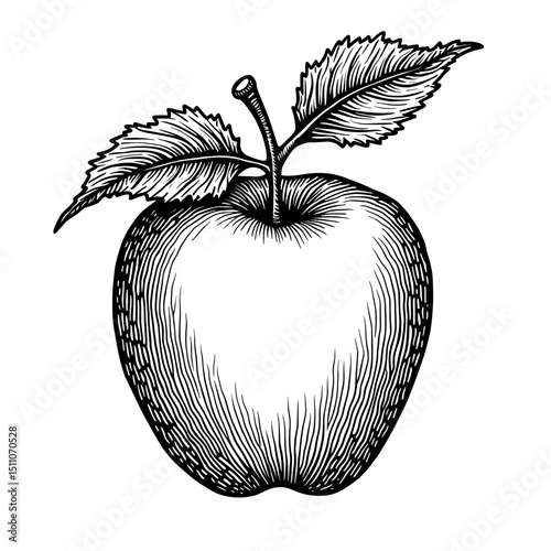 A meticulously detailed and visually striking artistic portrayal of a single, perfectly rendered apple, accompanied by its leaves. The apple stands as a symbol of nature's perfect simplicity, health.