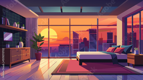 Modern minimalist bedroom with huge windows showcasing stunning sunset view over city skyline