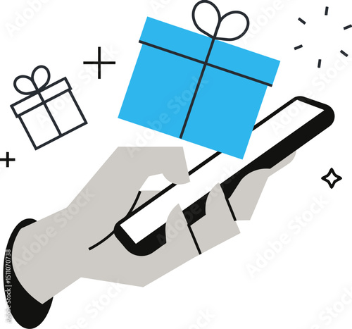 Mobile phone gift present shopping online e commerce delivery app digital marketing technology concept vector art illustration