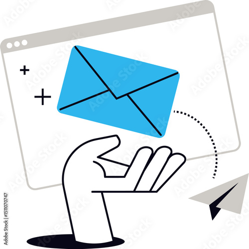Email marketing hand sending message newsletter digital communication contact envelope online web vector art illustration