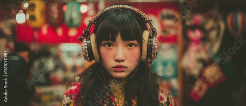 Portrait of a young Asian woman in bright streetwear and rainbow headphones looking up in a Japanese convenience store aisle with neon signage glowing in the background.