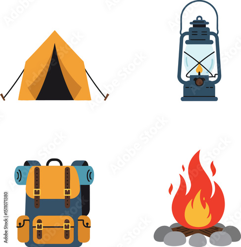 Camping equipment set with tent, backpack, lantern, and campfire for outdoor adventure and leisure activities