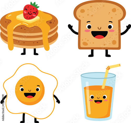Cute cartoon breakfast foods with happy expressions pancakes strawberry syrup toast fried egg orange juice vector illustration