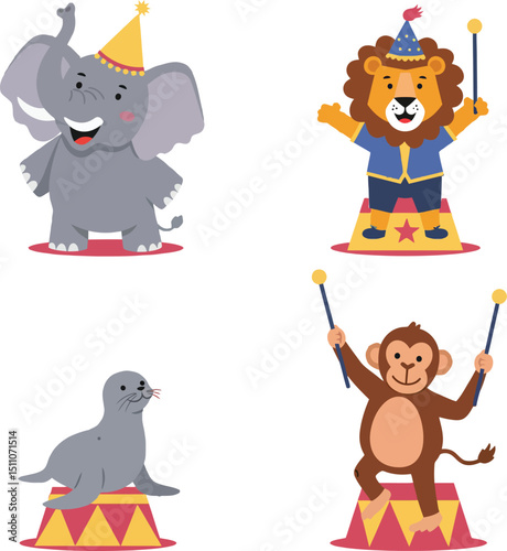 Circus animals performing with joyful elephant lion seal and monkey in colorful costumes and hats vector illustration