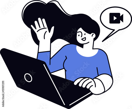 Illustration of woman waving during a video call on laptop for remote work and online communication vector art illustration