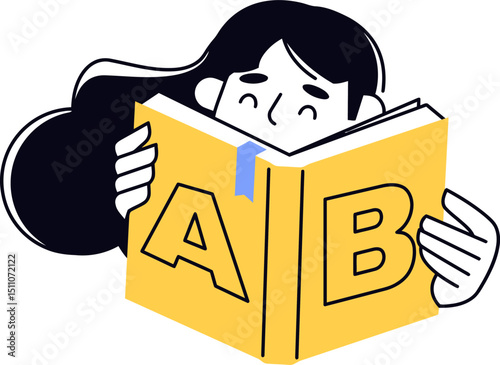Illustration of woman reading a book with letters a and b learning and education concept design 100 vector art illustration