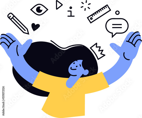 Illustration of a person with raised arms surrounded by icons for business education and communication vector art illustration