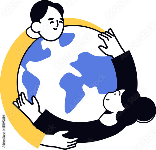 Illustration of people hugging earth globe concept for environment and sustainability awareness campaign vector art illustration