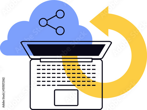 Cloud storage backup system for data recovery and sharing with laptop and arrow icon design vector vector art illustration