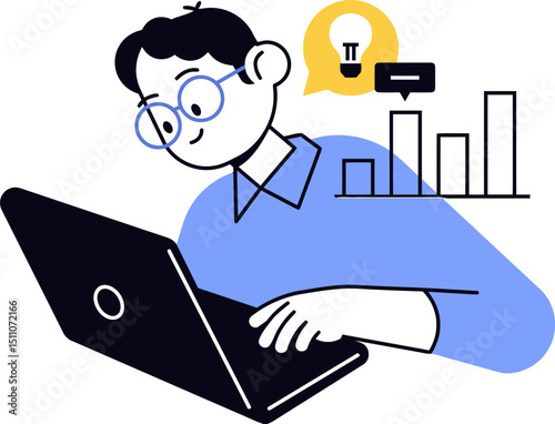 Illustration of man working on laptop getting idea for business data analysis and growth strategy vector art illustration