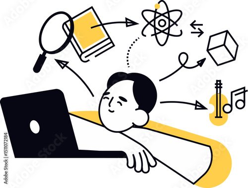 Illustration of a person learning online with laptop book music and education concept for web design vector art illustration
