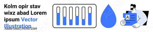 Test tubes with blue liquid, water droplet, researcher holding a data-filled document. Ideal for science, research, innovation, data analysis, education, biotechnology simple landing page
