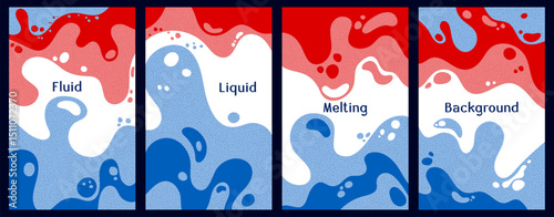 Melting dynamic waves pattern summer covers. Bubble splashes and streams vector pack box covers. Fluid liquid flowing paint flyers. Wavy surface leaflets. Liquid droplets, melting shapes