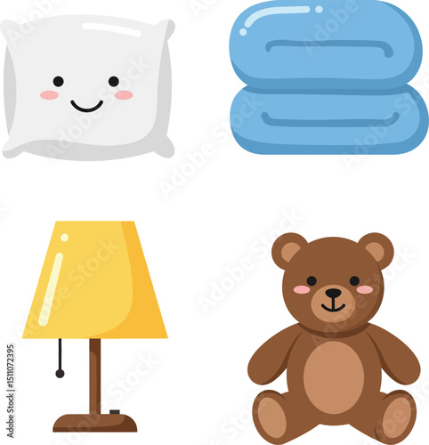 Cute pillow blue folded towels yellow lamp and brown teddy bear vector illustration for cozy home decor and comfort
