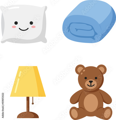 Cute pillow blue blanket yellow lamp brown teddy bear cozy home comfort items vector illustration
