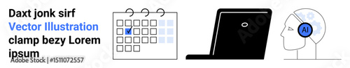 Calendar with a marked date, laptop side view, and head with AI gear icon. Ideal for scheduling, productivity, innovation, technology, time management, futurism simple landing page