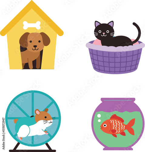 Cute pets including dog in doghouse cat in basket hamster on wheel and goldfish in aquarium vector illustration