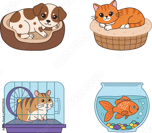 Cute domestic pets including dog cat hamster and goldfish relaxing in cozy beds and cage vector illustration