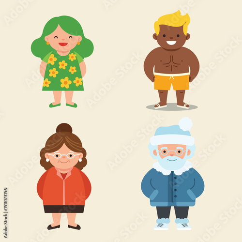 Diverse group of cheerful people with seasonal clothing and happy expressions in vector style illustration