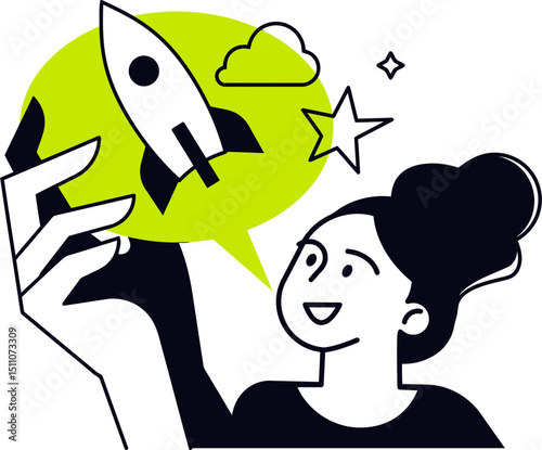 Woman planning startup idea launch rocket business growth strategy innovation success vector graphic design vector art illustration