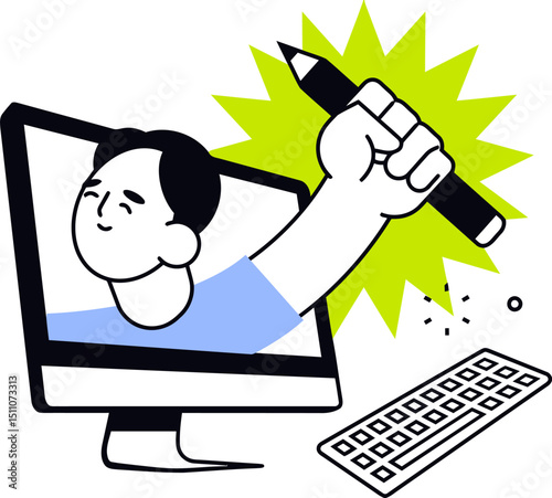 Illustration of digital artist using computer for graphic design and creative content creation work online vector art illustration