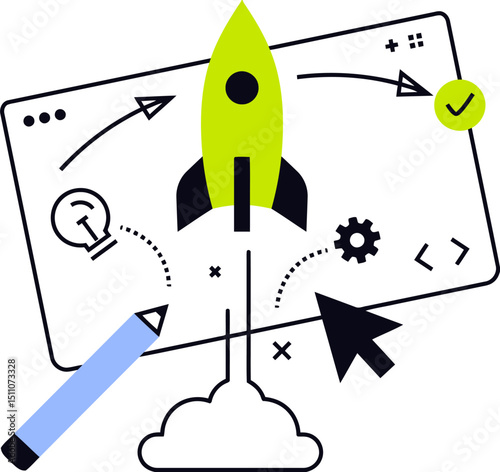 Rocket launch startup business plan development strategy innovation growth success project management process vector art illustration