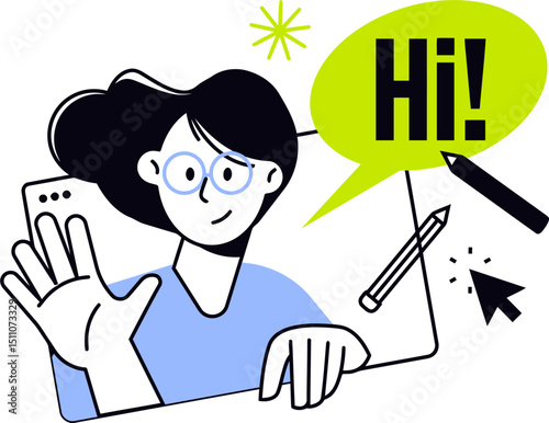 Illustration of woman saying hi waving hand with speech bubble for greeting and conversation design vector art illustration