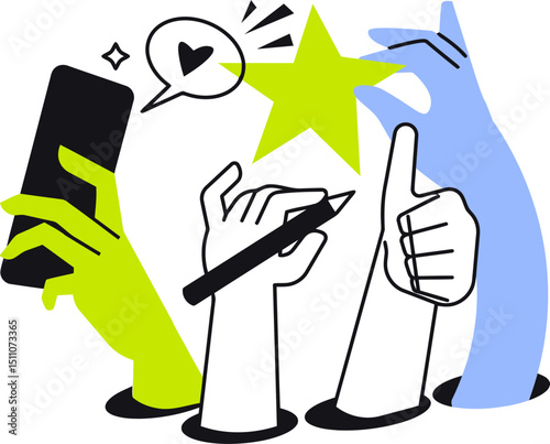Hands feedback rating review star phone pen thumbs up illustration vector graphic design art 100 vector art illustration