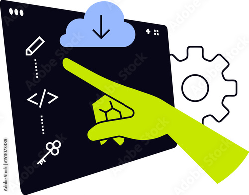 Downloading data from cloud computing with hand illustration for website and application dev 100 vector art illustration