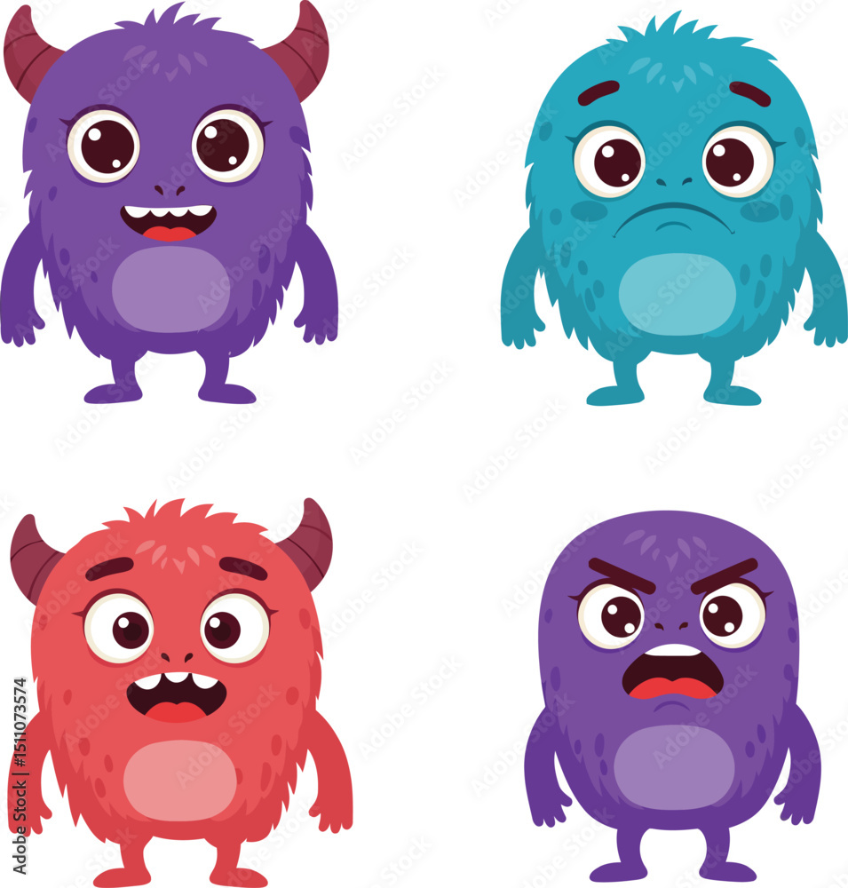Fototapeta premium Cute colorful fluffy monster characters expressing happy sad angry emotions vector illustration