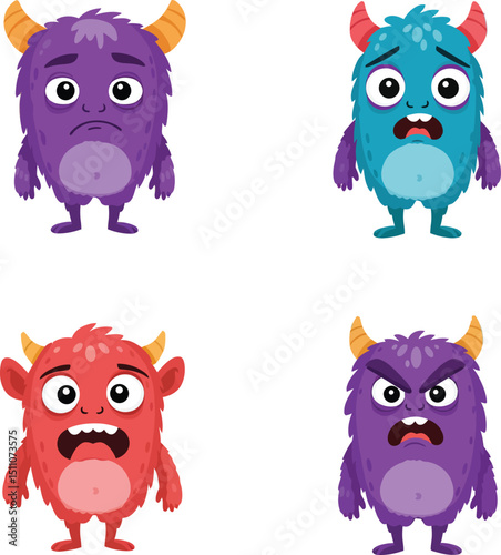 Cute colorful cartoon monsters with different facial expressions in vector illustration for kids and design projects