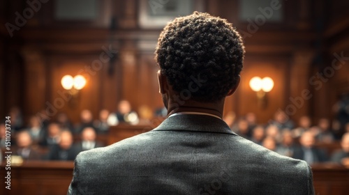 Black defendant faces judge and jury in Courtroom; Justice system concept highlights legal proceedings in judicial setting
