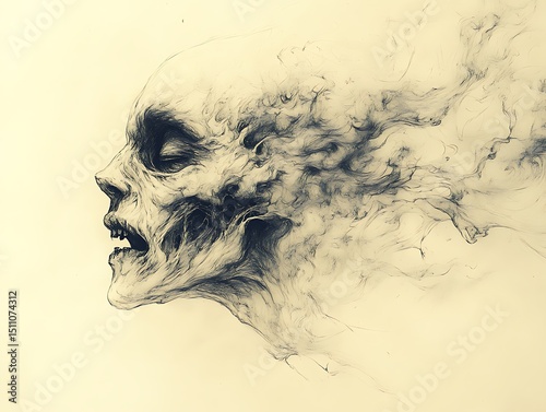 Unique monster face drawing featuring haunting mysterious smoke background high resolution photo