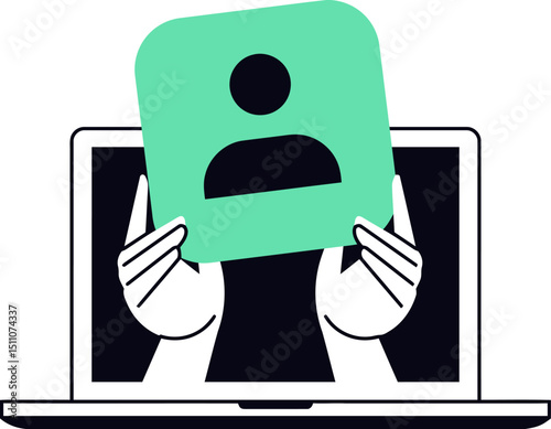 Laptop computer user profile account identity access online technology hands holding avatar concept vector art illustration