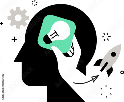 Illustration of idea lightbulb startup launch gear hand concept innovation creativity solution 100 vector art illustration