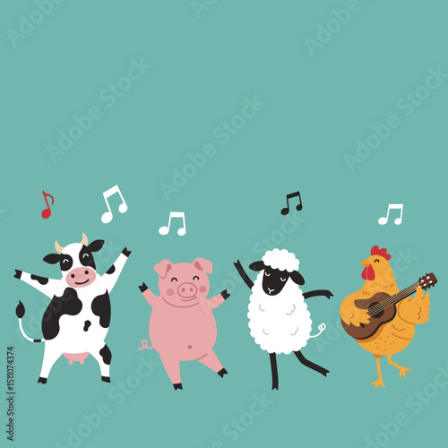 Dancing farm animals including cow pig sheep and chicken playing guitar with music notes on teal background vector illustration