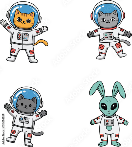 Cute cats and rabbit in astronaut suits vector illustration for space exploration and fantasy themes