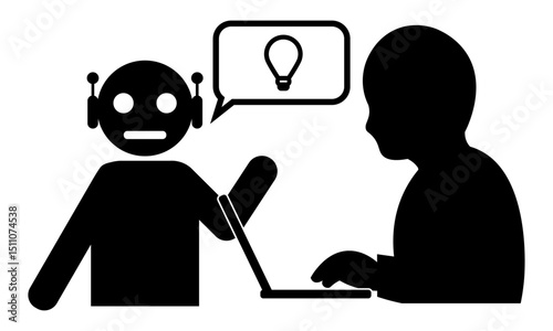 AIと人間の対話によるアイデア創出のシルエットイラスト
