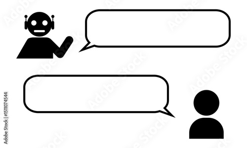 ロボットと人間の吹き出し付き会話シーンのシルエットイラスト