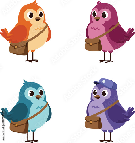 Colorful cute birds with satchels in orange purple blue and violet tones vector illustration set of four small birds carrying bags