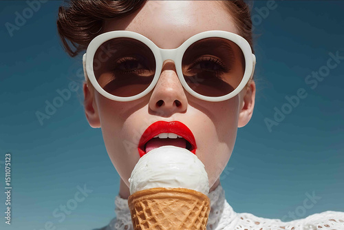 A woman with bright pink lips licking a vanilla ice cream cone wearing large round sunglasses under a clear blue sky bright sunlight space for text