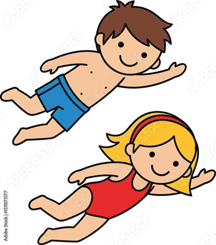 Children swimming underwater boy in blue shorts and girl in red swimsuit vector illustration for leisure activity and summer fun